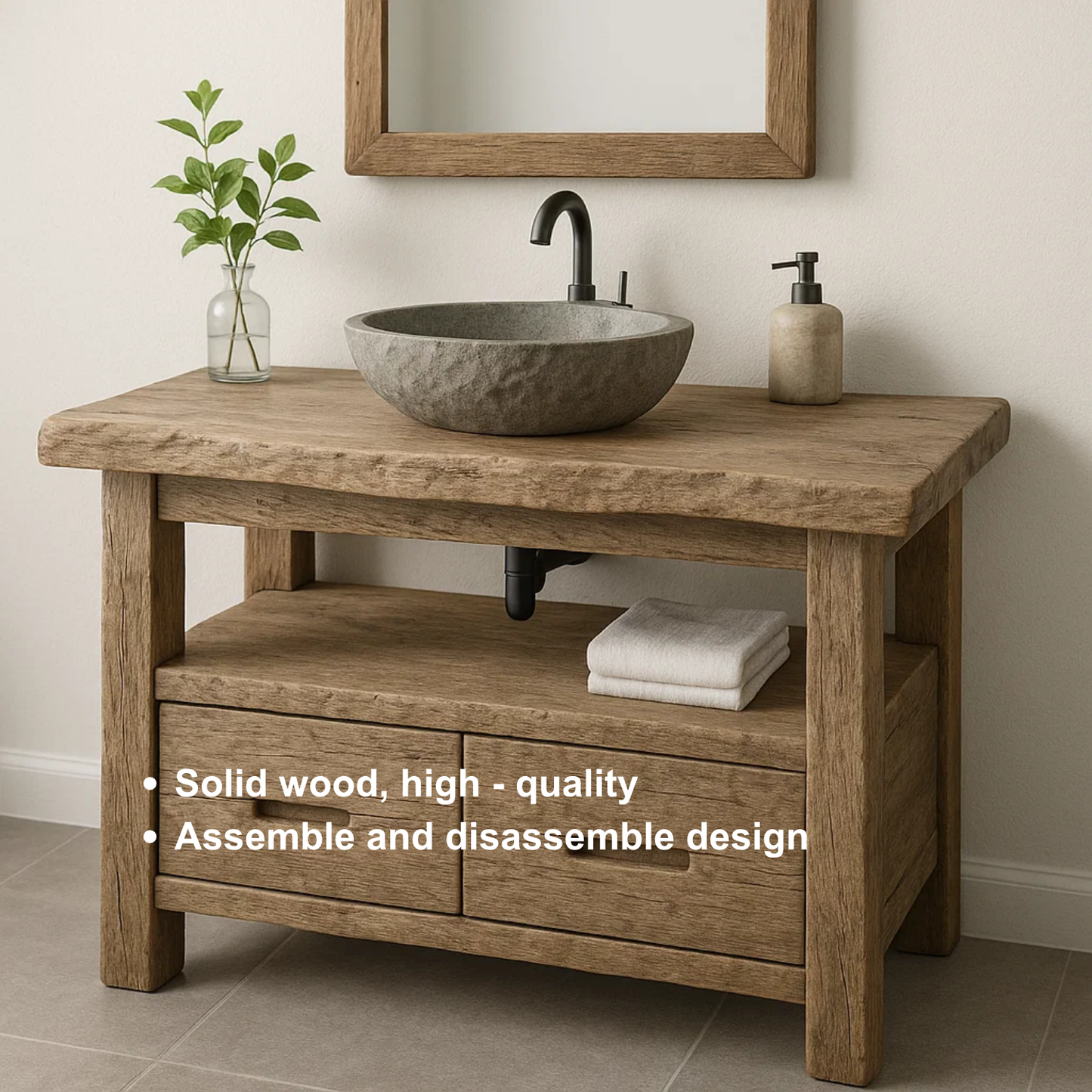 Handcrafted Solid Wood Bathroom Vanity – Rustic Live Edge Base with Drawers and Open Shelf Lynnsnail