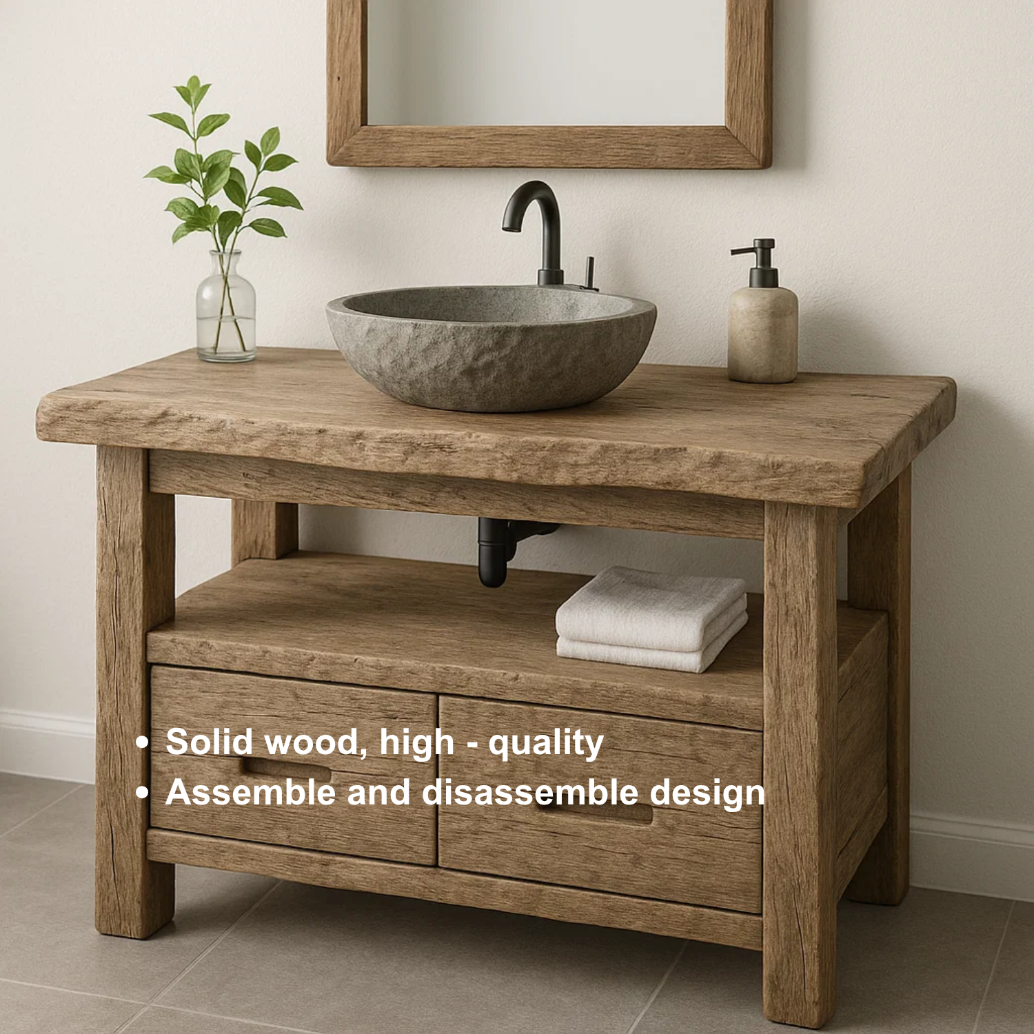 Handcrafted Solid Wood Bathroom Vanity – Rustic Live Edge Base with Drawers and Open Shelf Lynnsnail