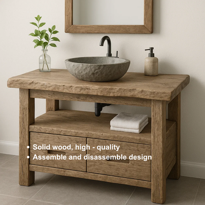 Handcrafted Solid Wood Bathroom Vanity – Rustic Live Edge Base with Drawers and Open Shelf Lynnsnail