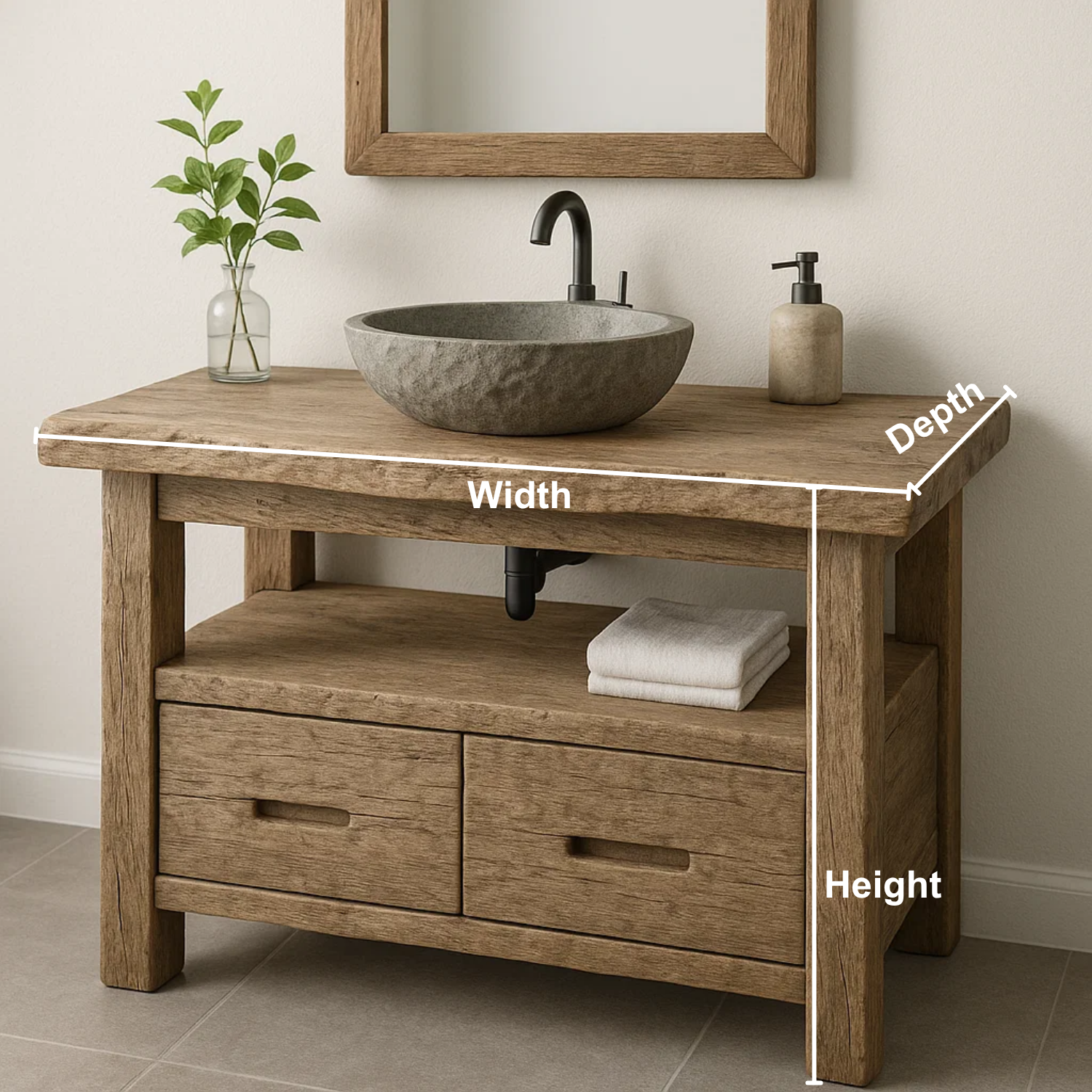 Handcrafted Solid Wood Bathroom Vanity – Rustic Live Edge Base with Drawers and Open Shelf Lynnsnail