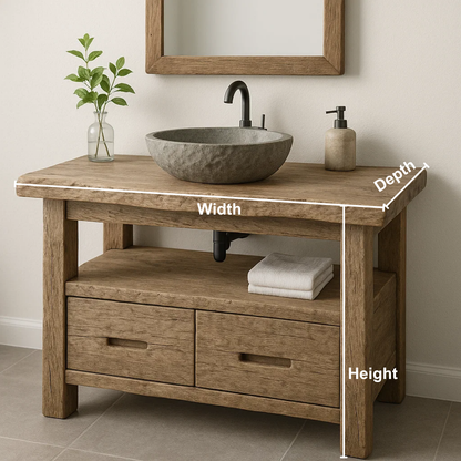 Handcrafted Solid Wood Bathroom Vanity – Rustic Live Edge Base with Drawers and Open Shelf Lynnsnail