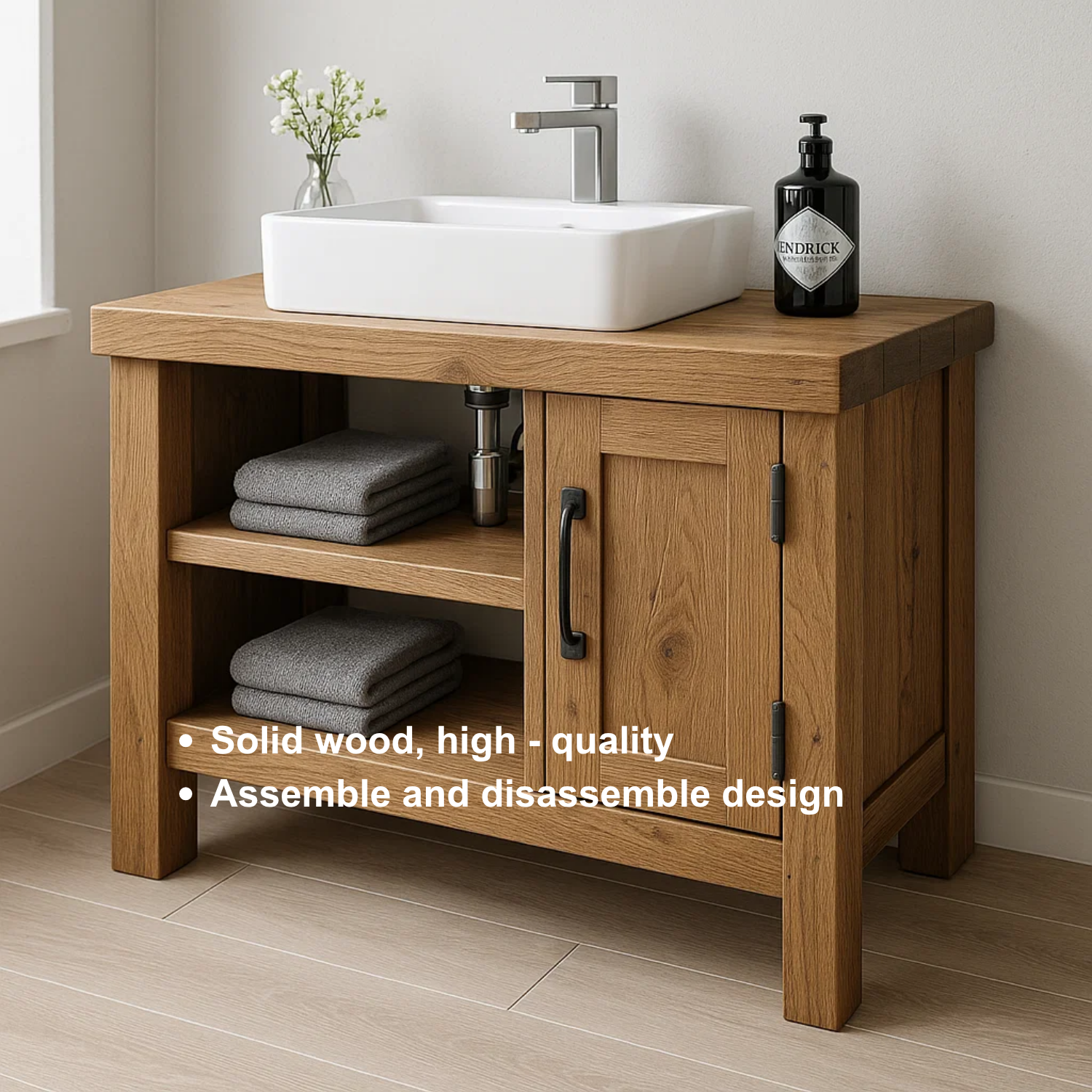 Handcrafted Solid Wood Bathroom Vanity – Modern Rustic Base with Door and Open Shelves Lynnsnail