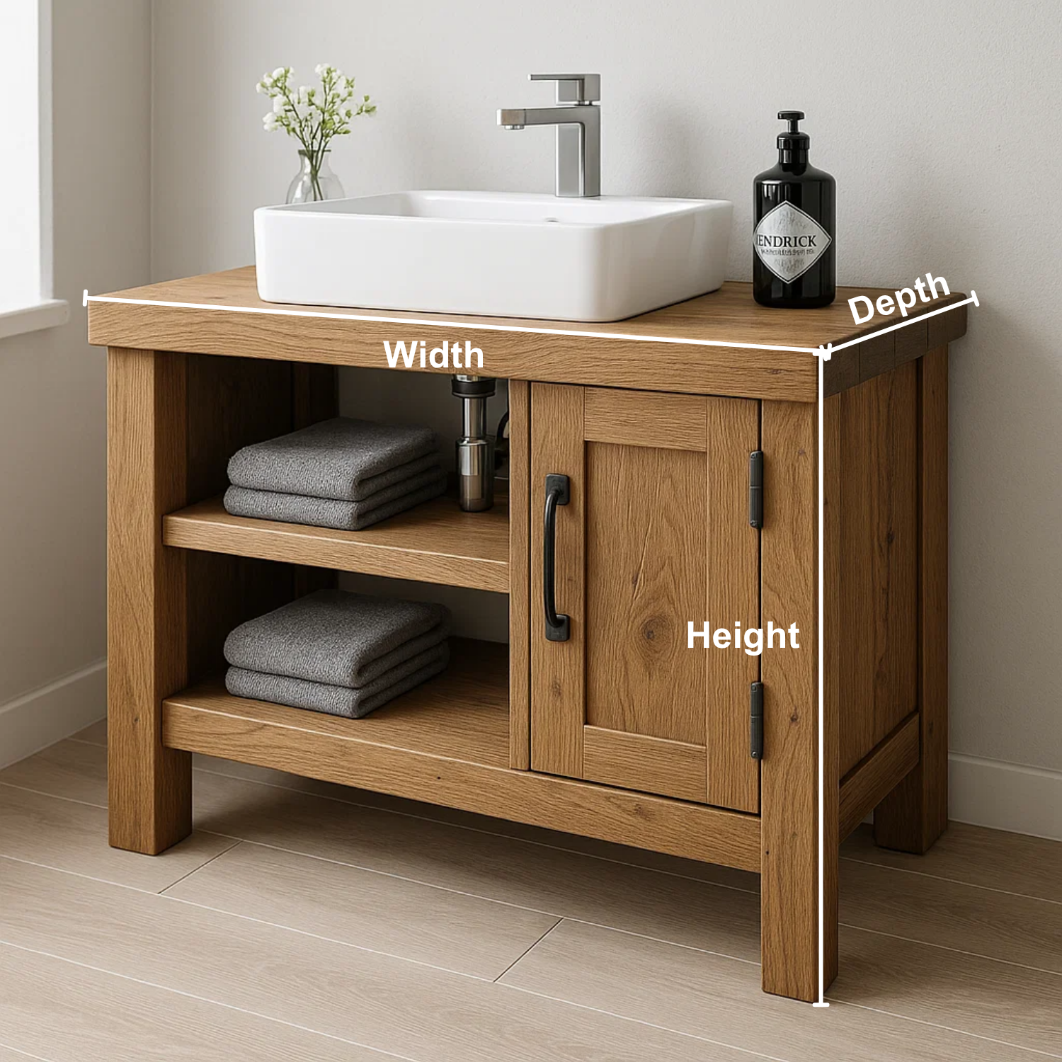 Handcrafted Solid Wood Bathroom Vanity – Modern Rustic Base with Door and Open Shelves Lynnsnail