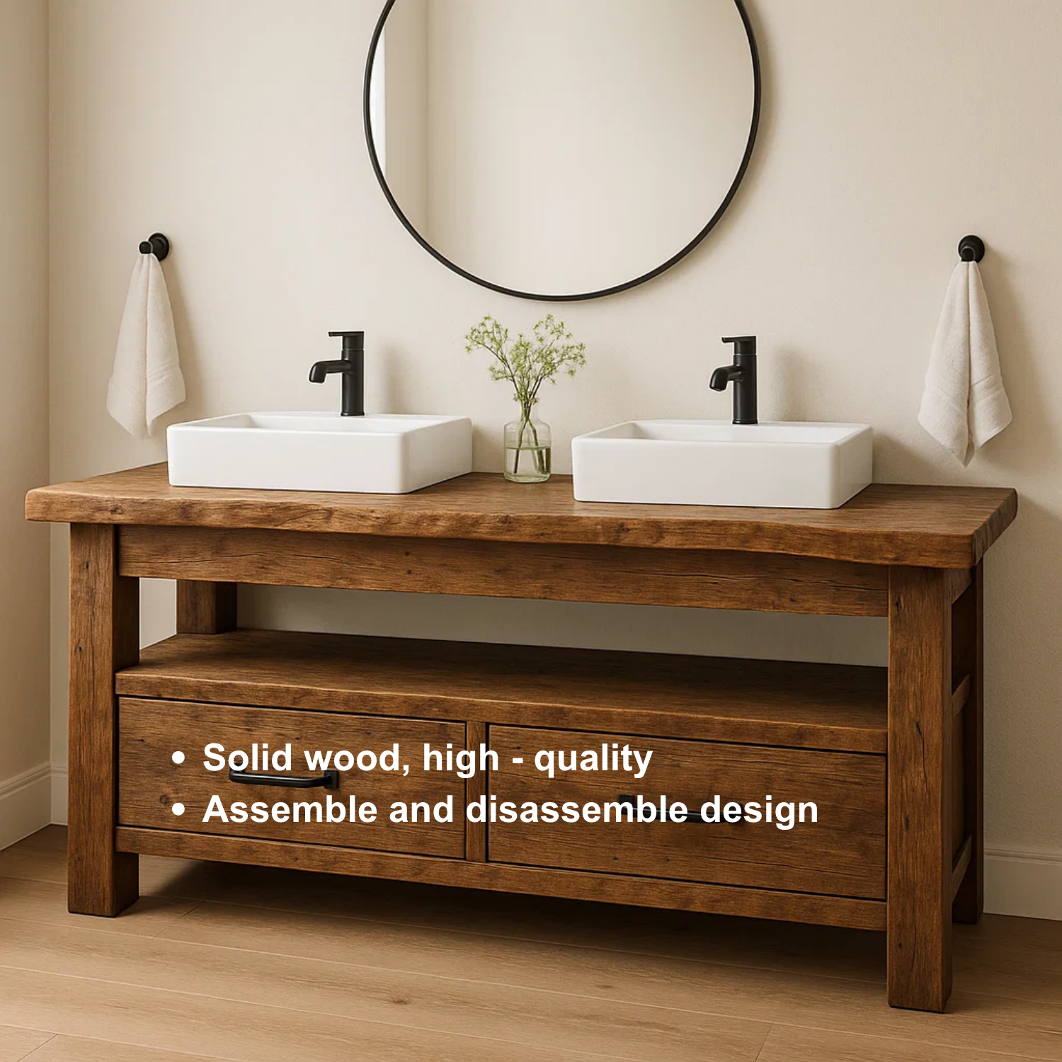 Rustic Handcrafted Solid Wood Double Vanity – Live Edge Base with Drawers and Open Shelf Lynnsnail