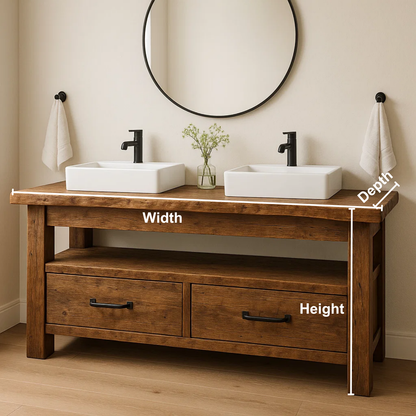 Rustic Handcrafted Solid Wood Double Vanity – Live Edge Base with Drawers and Open Shelf Lynnsnail