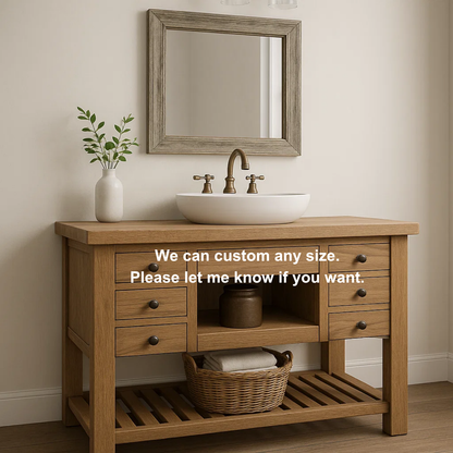 Handcrafted Solid Wood Vanity – Farmhouse Style Bathroom Base with 6 Drawers and Open Shelf Lynnsnail