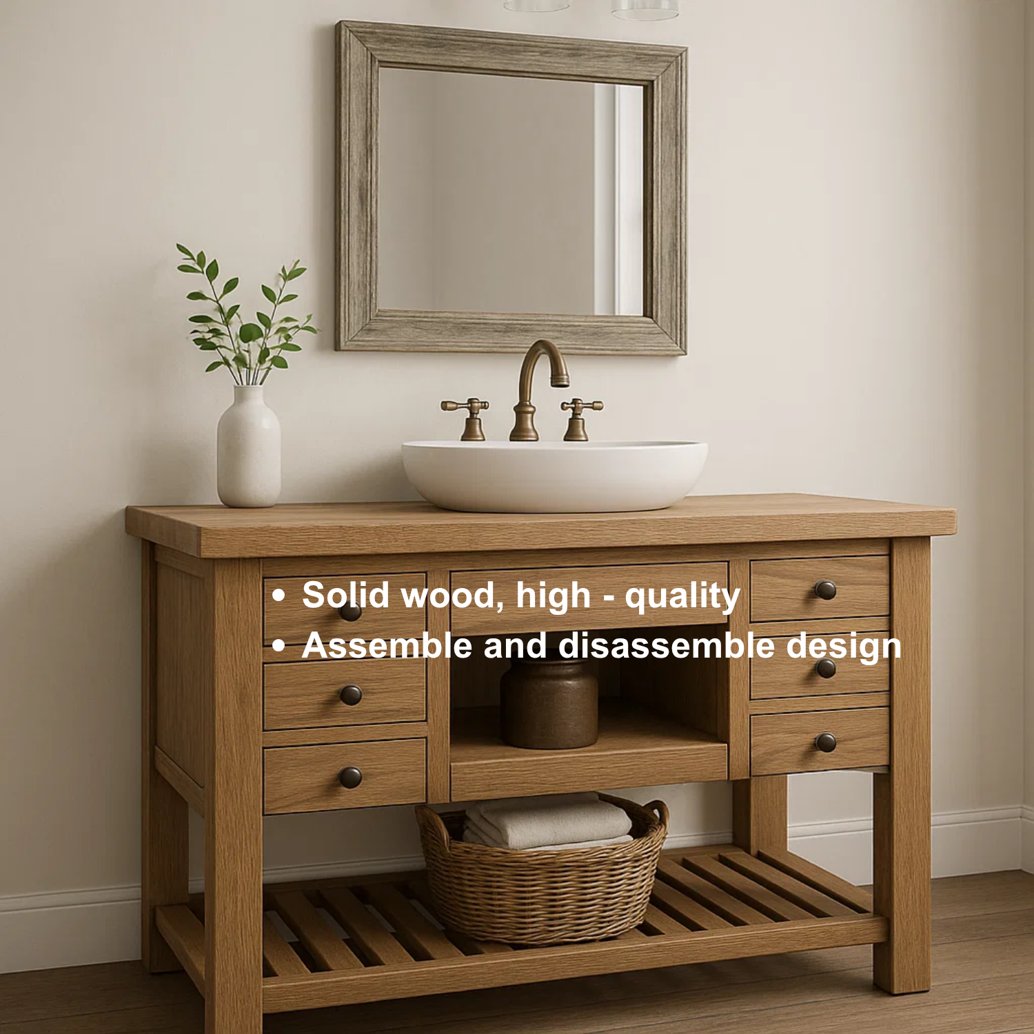 Handcrafted Solid Wood Vanity – Farmhouse Style Bathroom Base with 6 Drawers and Open Shelf Lynnsnail