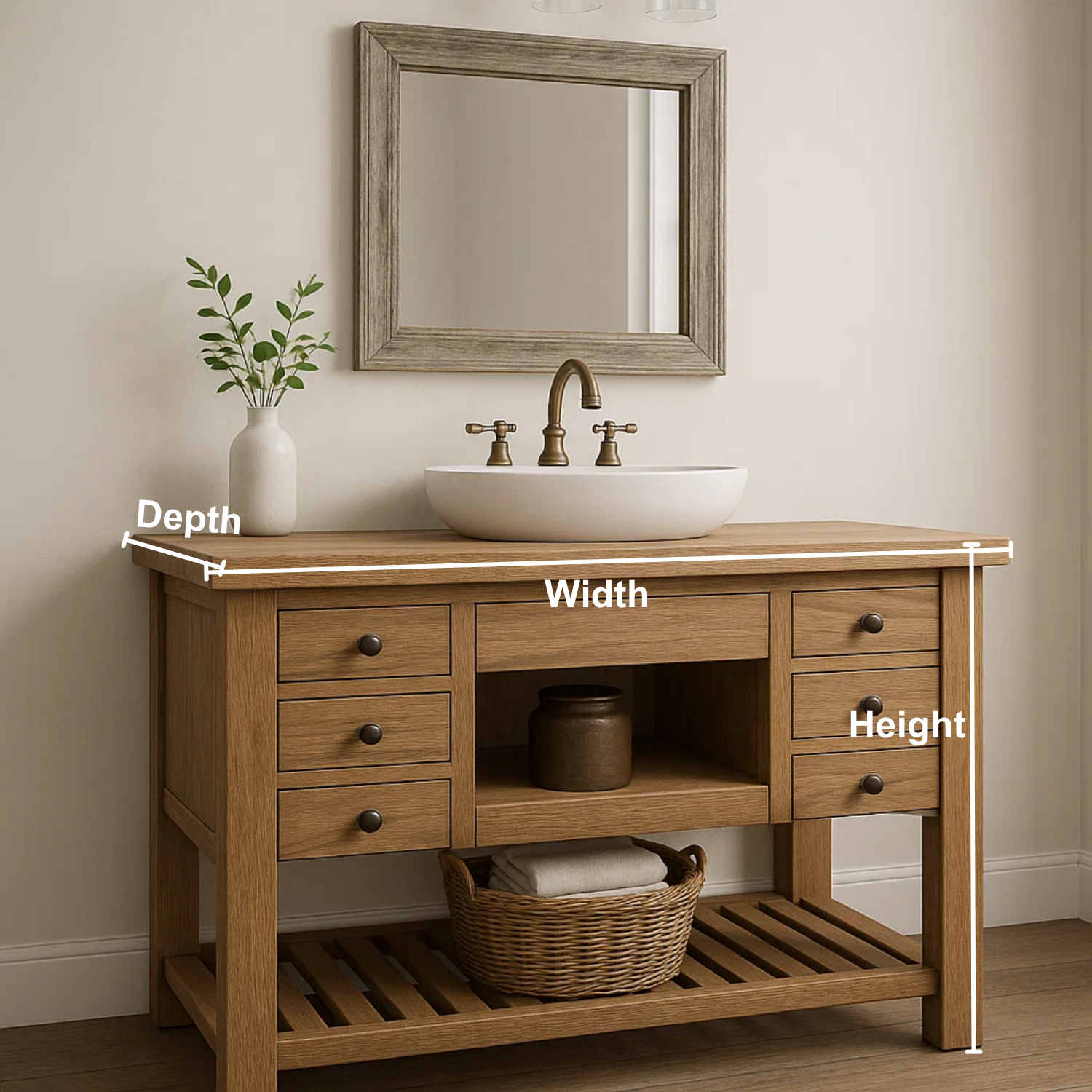 Handcrafted Solid Wood Vanity – Farmhouse Style Bathroom Base with 6 Drawers and Open Shelf Lynnsnail
