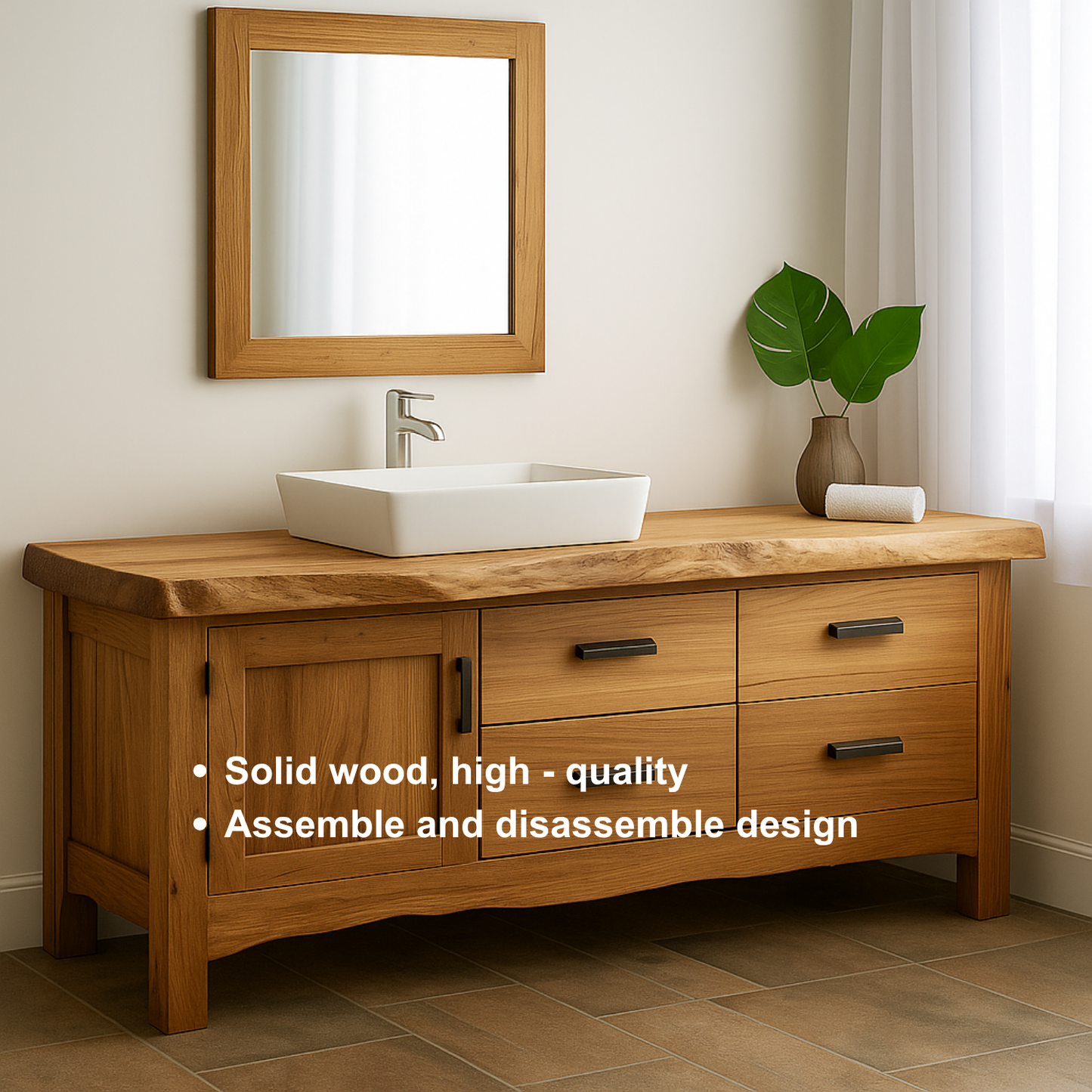 Handcrafted Solid Wood Bathroom Vanity – Natural Live Edge Base with 4 Drawers and Door Cabinet Lynnsnail