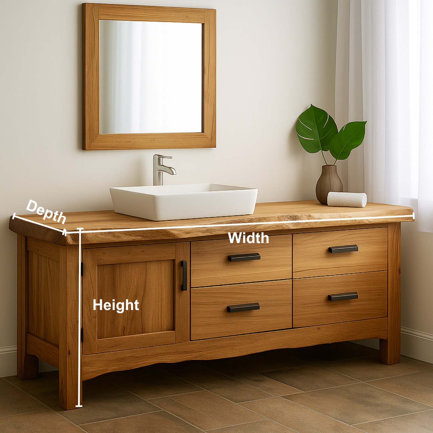 Handcrafted Solid Wood Bathroom Vanity – Natural Live Edge Base with 4 Drawers and Door Cabinet Lynnsnail