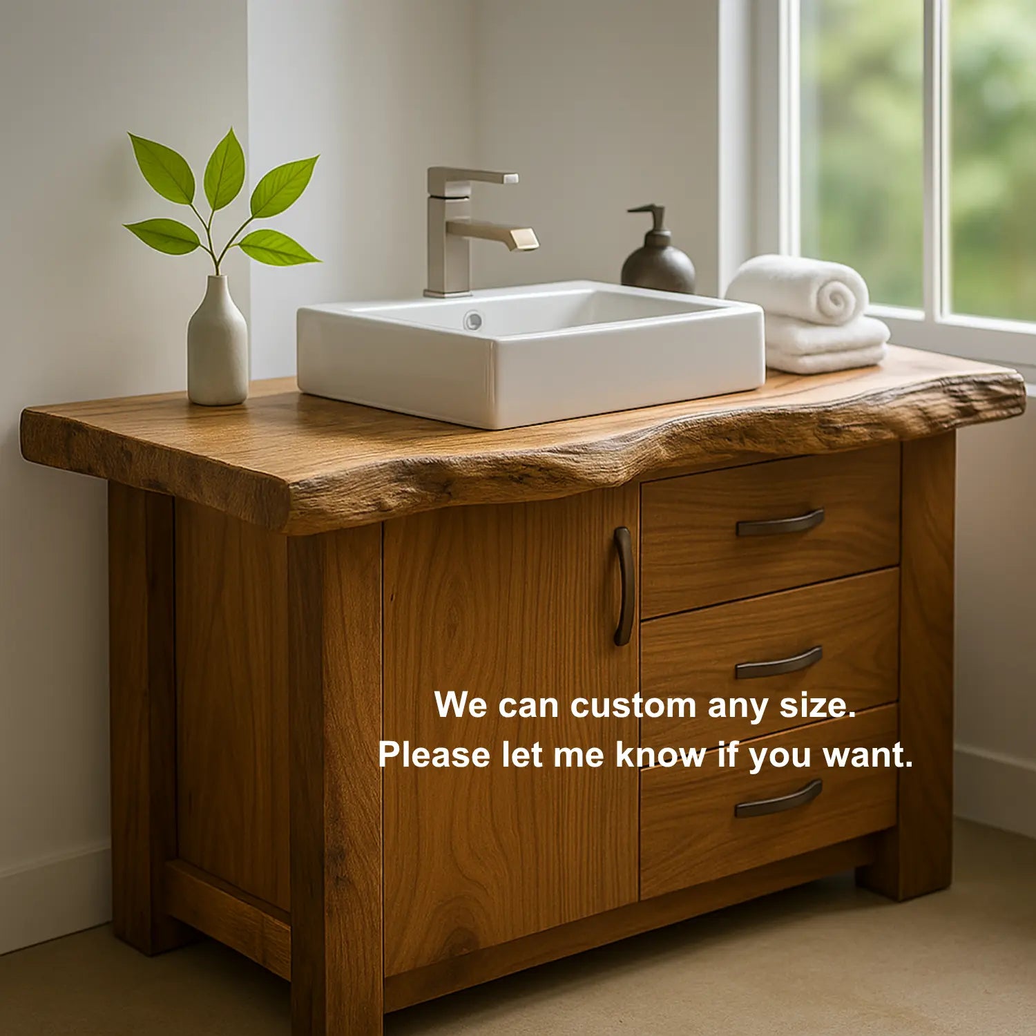 Handcrafted Solid Wood Bathroom Vanity – Live Edge Rustic Base with 3 Drawers and Cabinet Lynnsnail
