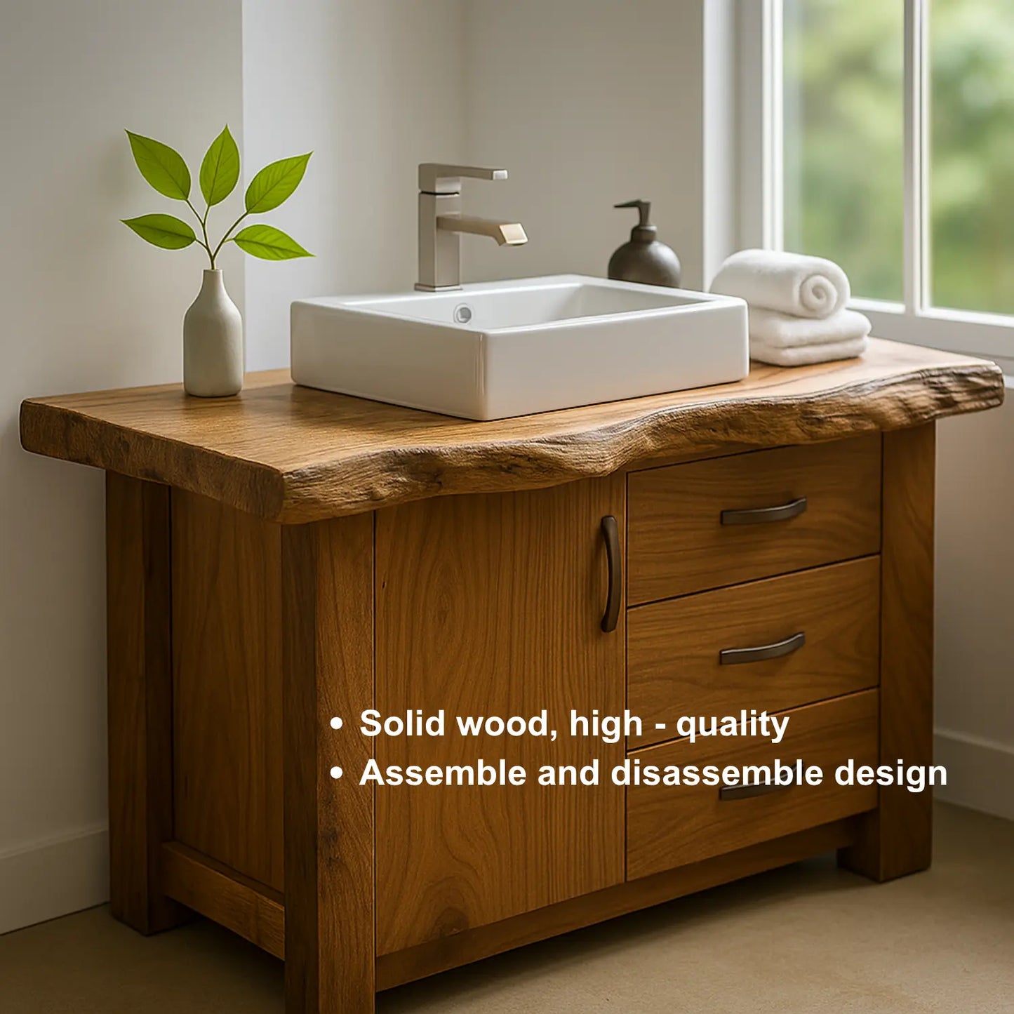Handcrafted Solid Wood Bathroom Vanity – Live Edge Rustic Base with 3 Drawers and Cabinet Lynnsnail