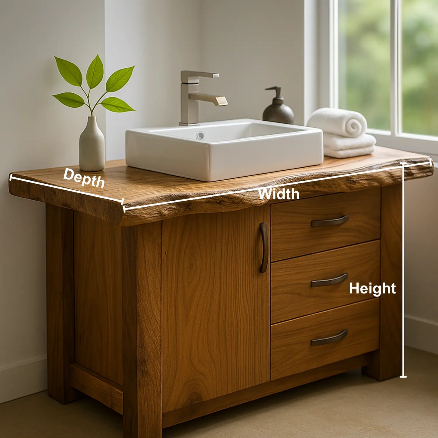 Handcrafted Solid Wood Bathroom Vanity – Live Edge Rustic Base with 3 Drawers and Cabinet Lynnsnail