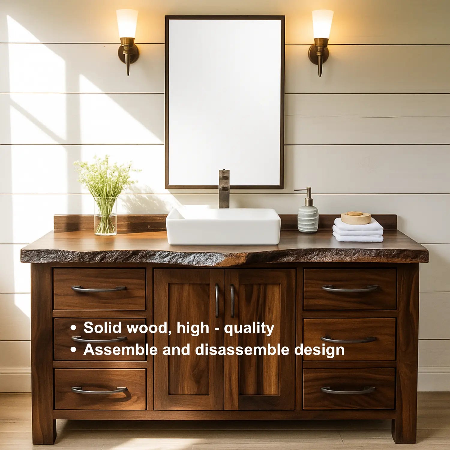 Handcrafted Solid Wood Bathroom Vanity – Live Edge Rustic Base with 6 Drawers and Double Door Cabinet Lynnsnail
