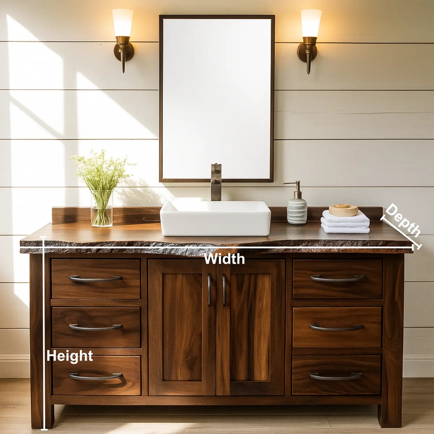 Handcrafted Solid Wood Bathroom Vanity – Live Edge Rustic Base with 6 Drawers and Double Door Cabinet Lynnsnail