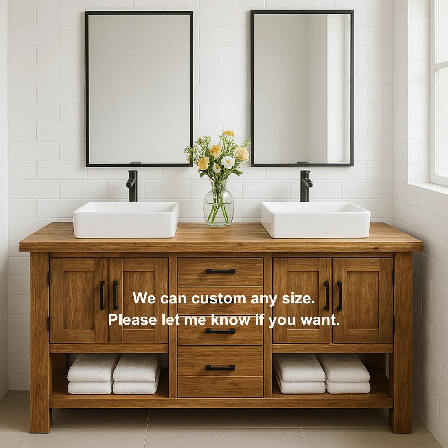 Handcrafted Solid Wood Double Bathroom Vanity – Rustic Base with Central Drawers and Side Cabinets Lynnsnail