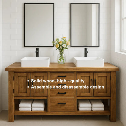 Handcrafted Solid Wood Double Bathroom Vanity – Rustic Base with Central Drawers and Side Cabinets Lynnsnail