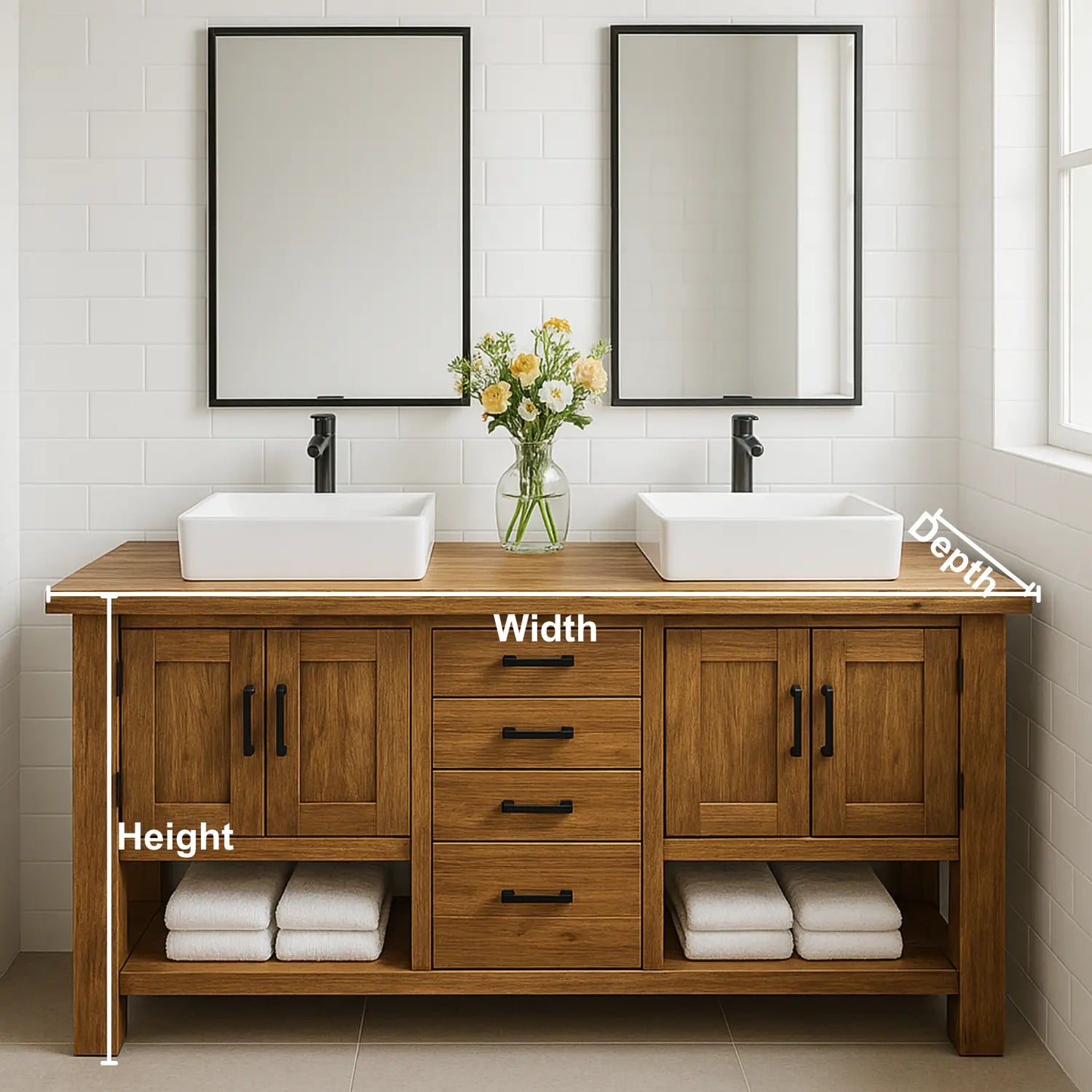 Handcrafted Solid Wood Double Bathroom Vanity – Rustic Base with Central Drawers and Side Cabinets Lynnsnail