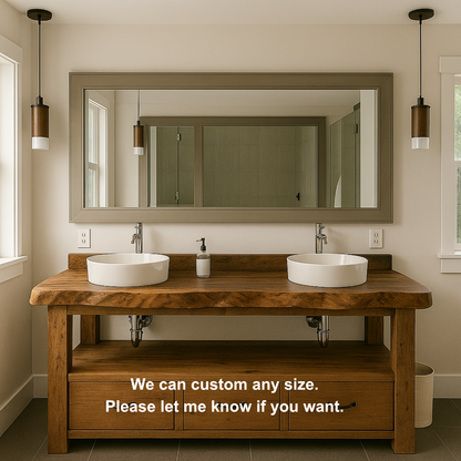 Handcrafted Solid Wood Double Vanity – Live Edge Bathroom Base with Drawers and Open Shelf Lynnsnail
