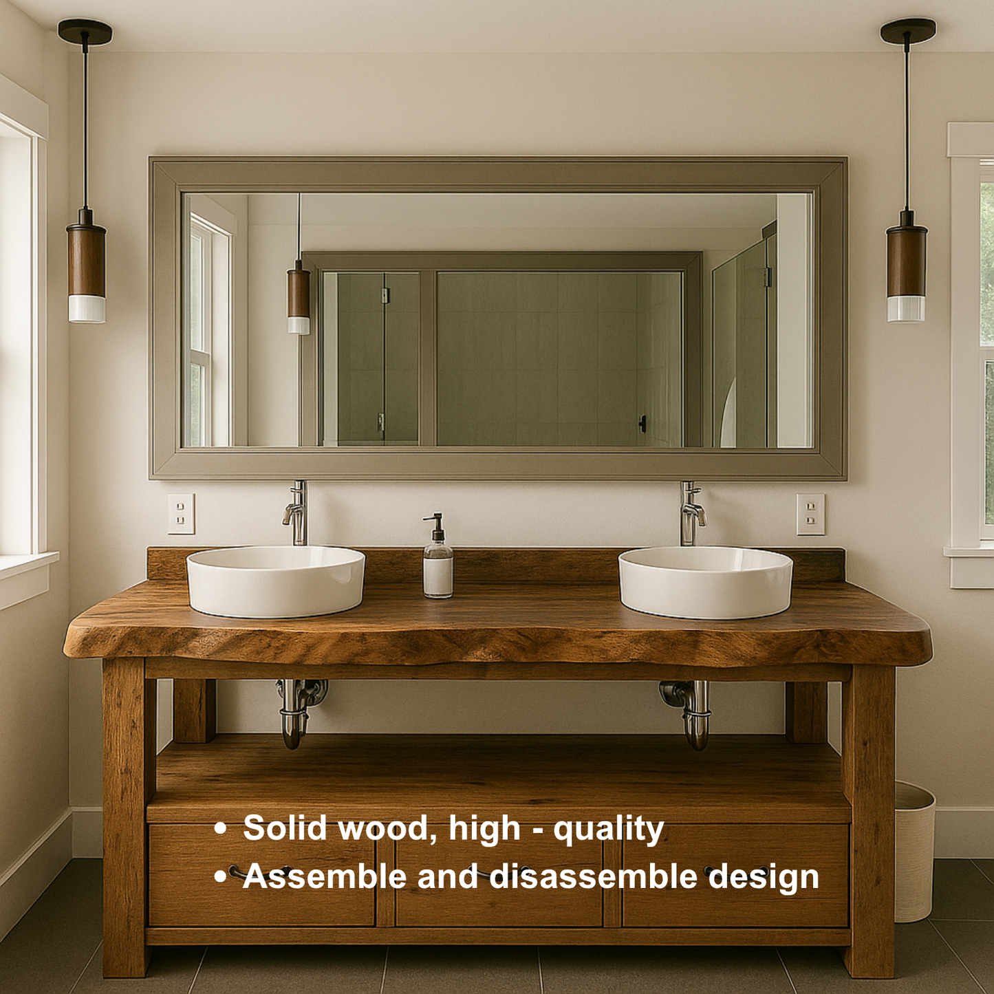 Handcrafted Solid Wood Double Vanity – Live Edge Bathroom Base with Drawers and Open Shelf Lynnsnail