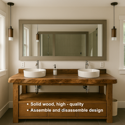 Handcrafted Solid Wood Double Vanity – Live Edge Bathroom Base with Drawers and Open Shelf Lynnsnail