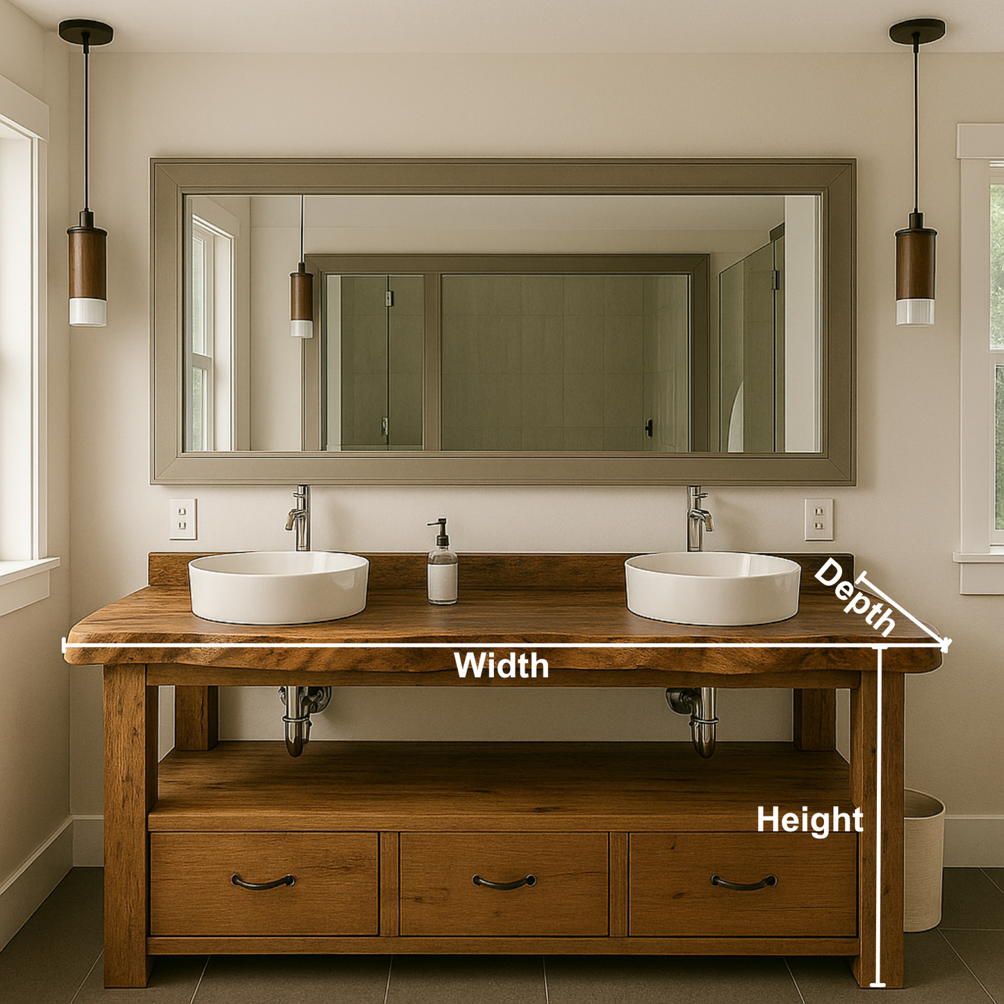 Handcrafted Solid Wood Double Vanity – Live Edge Bathroom Base with Drawers and Open Shelf Lynnsnail