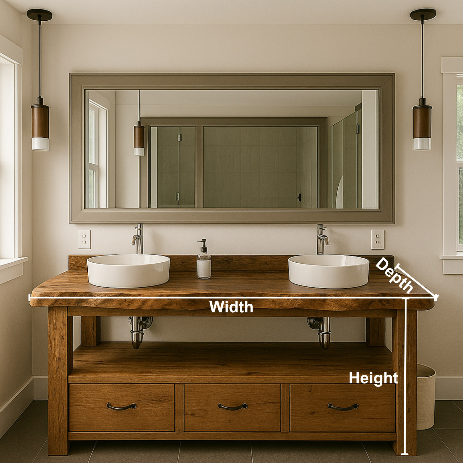 Handcrafted Solid Wood Double Vanity – Live Edge Bathroom Base with Drawers and Open Shelf Lynnsnail