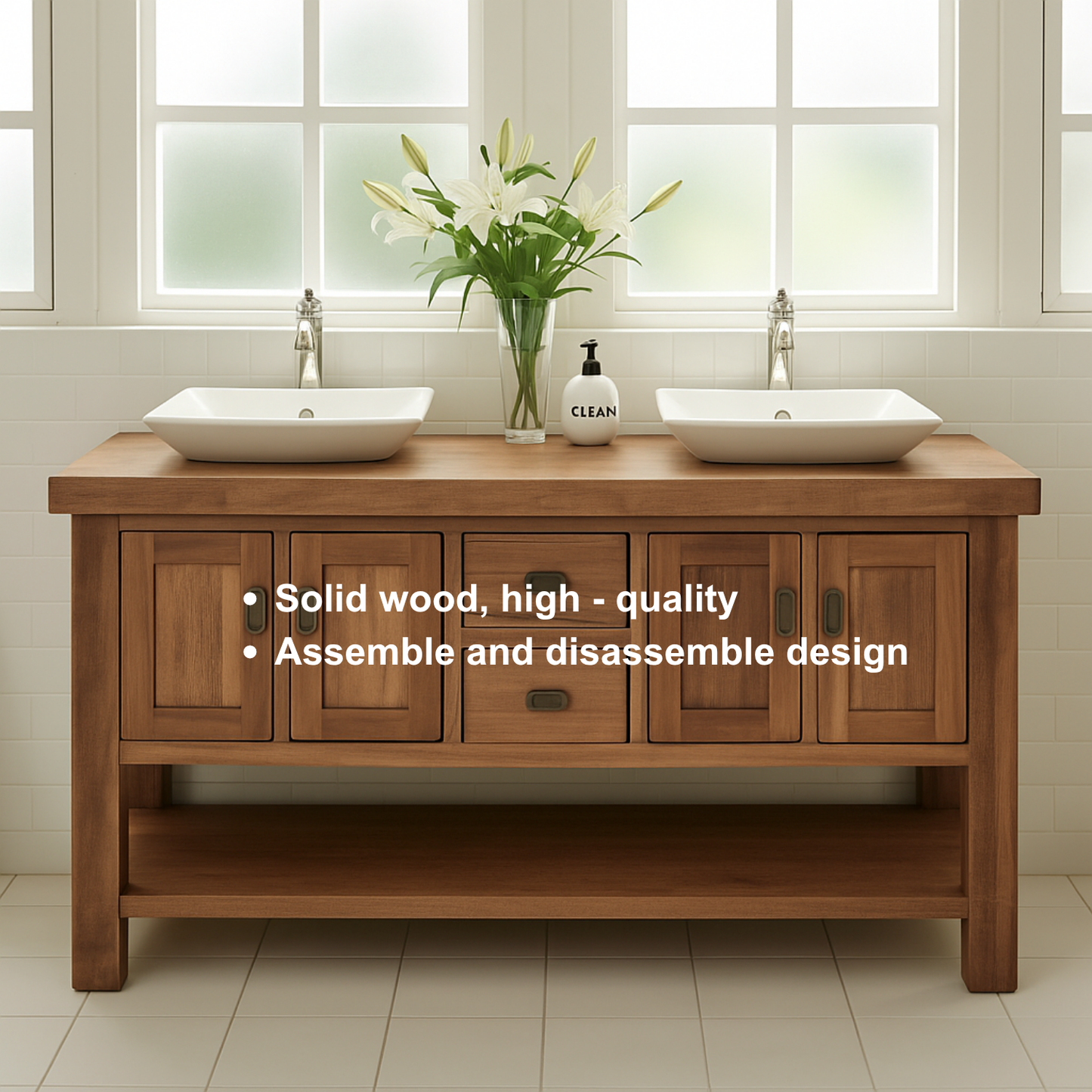 Handcrafted Solid Wood Double Bathroom Vanity – Rustic Base with Center Drawers and Open Shelf Lynnsnail
