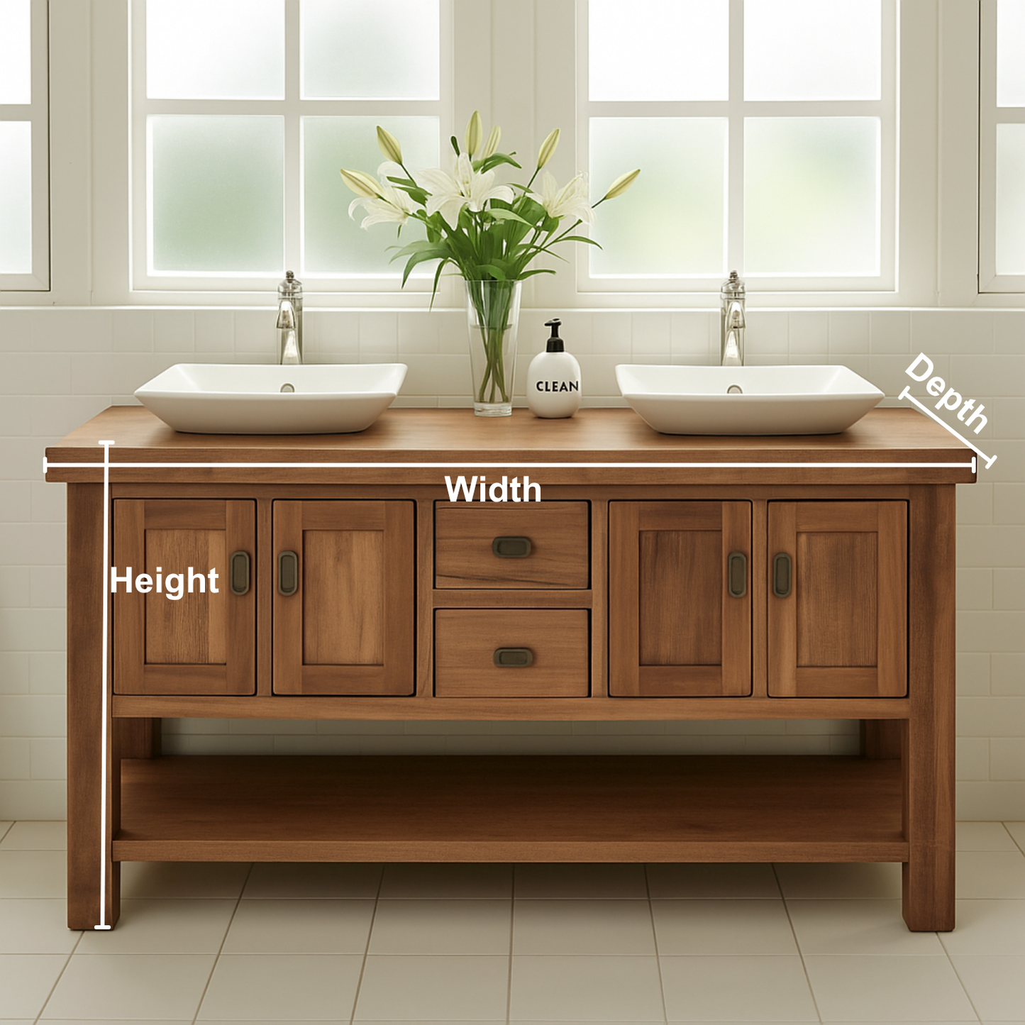 Handcrafted Solid Wood Double Bathroom Vanity – Rustic Base with Center Drawers and Open Shelf Lynnsnail