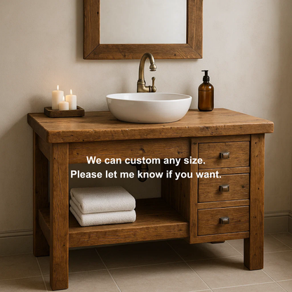 Handcrafted Solid Wood Bathroom Vanity – Rustic Base with Side Drawers and Open Shelf Lynnsnail