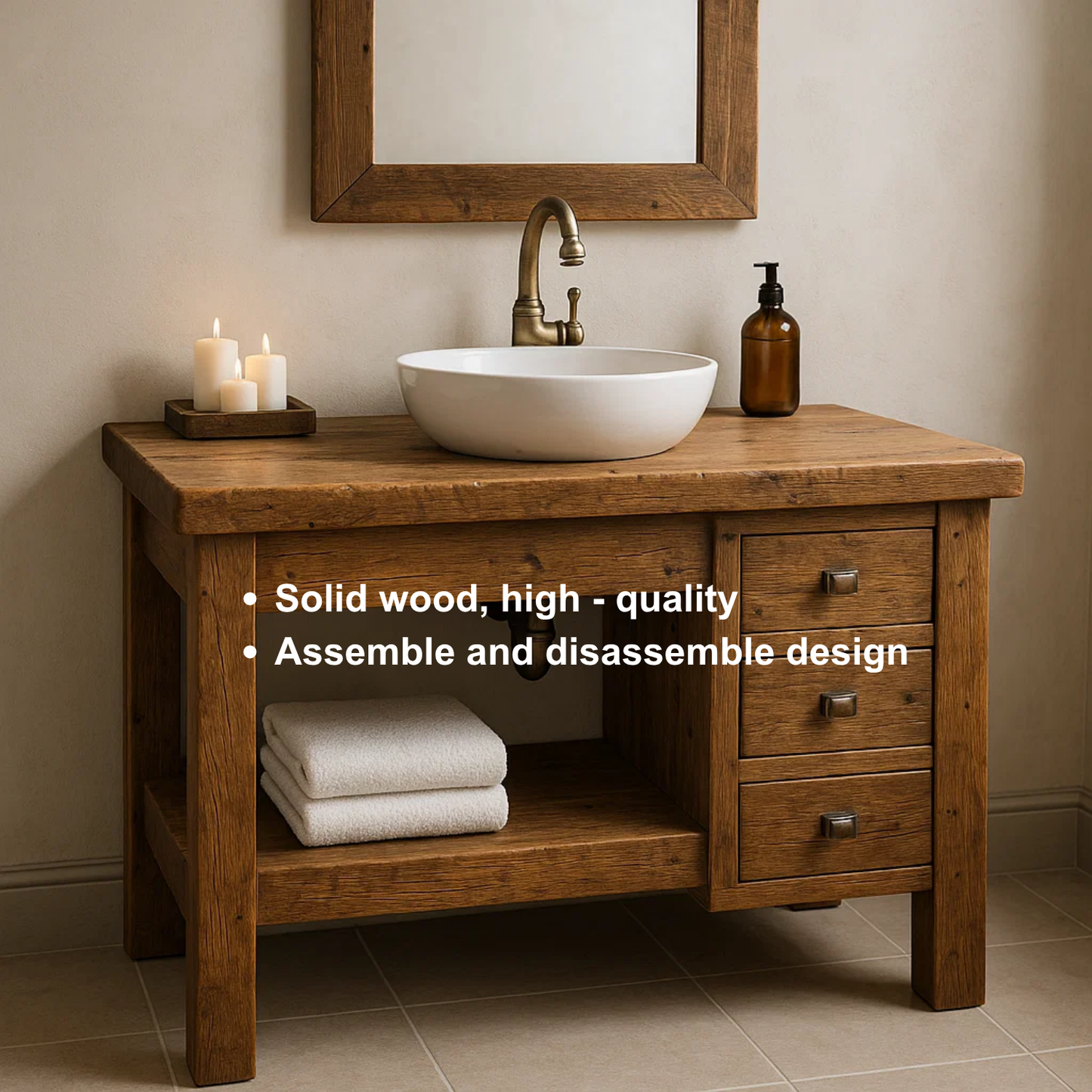 Handcrafted Solid Wood Bathroom Vanity – Rustic Base with Side Drawers and Open Shelf Lynnsnail