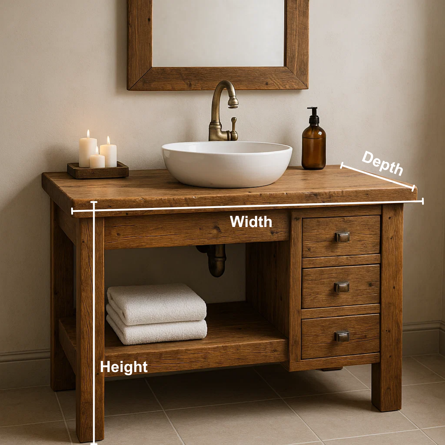 Handcrafted Solid Wood Bathroom Vanity – Rustic Base with Side Drawers and Open Shelf Lynnsnail