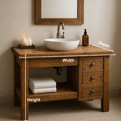 Handcrafted Solid Wood Bathroom Vanity – Rustic Base with Side Drawers and Open Shelf Lynnsnail
