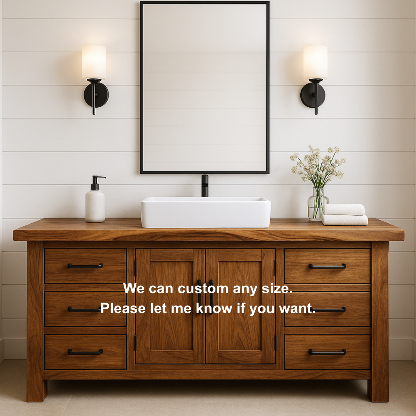 Handcrafted Solid Wood Bathroom Vanity – Rustic Base with Six Drawers and Center Cabinet Lynnsnail