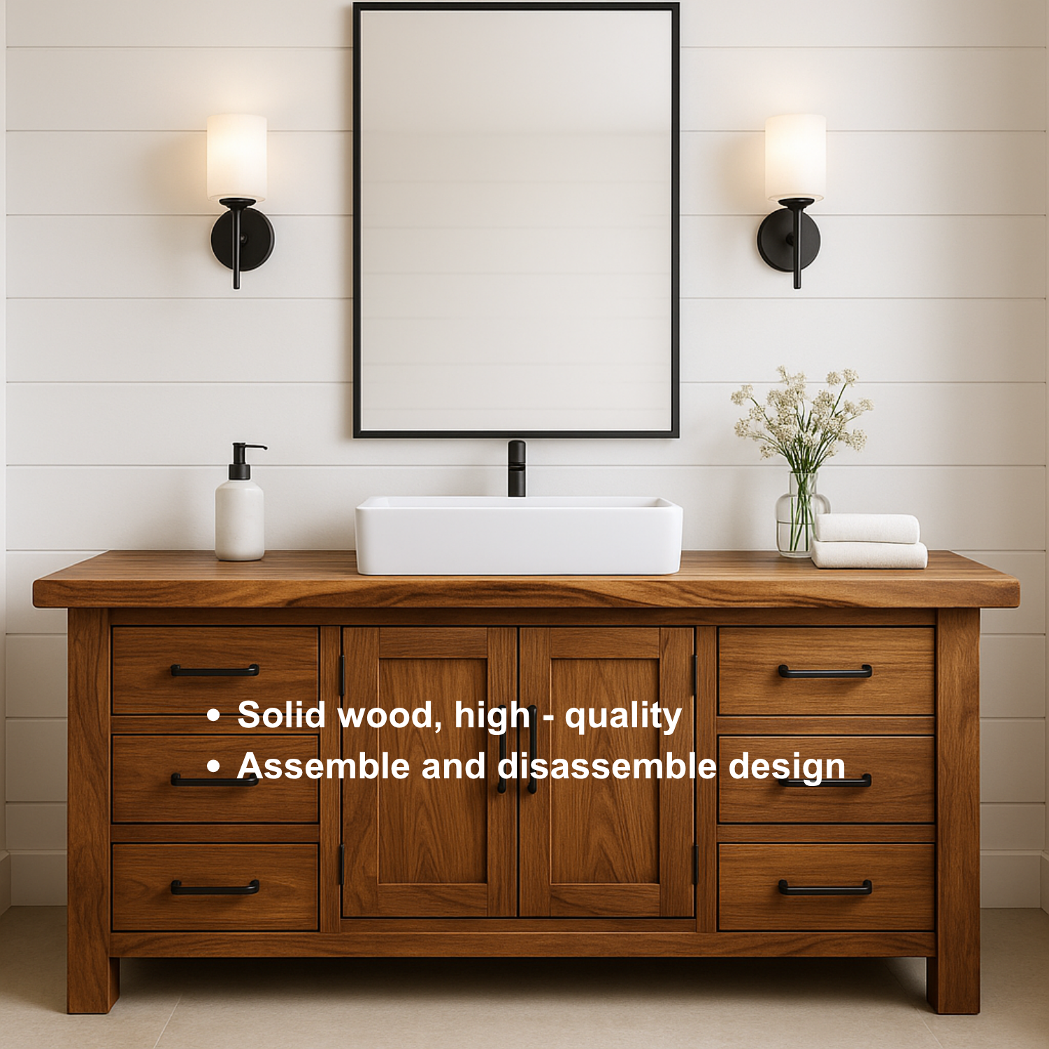 Handcrafted Solid Wood Bathroom Vanity – Rustic Base with Six Drawers and Center Cabinet Lynnsnail