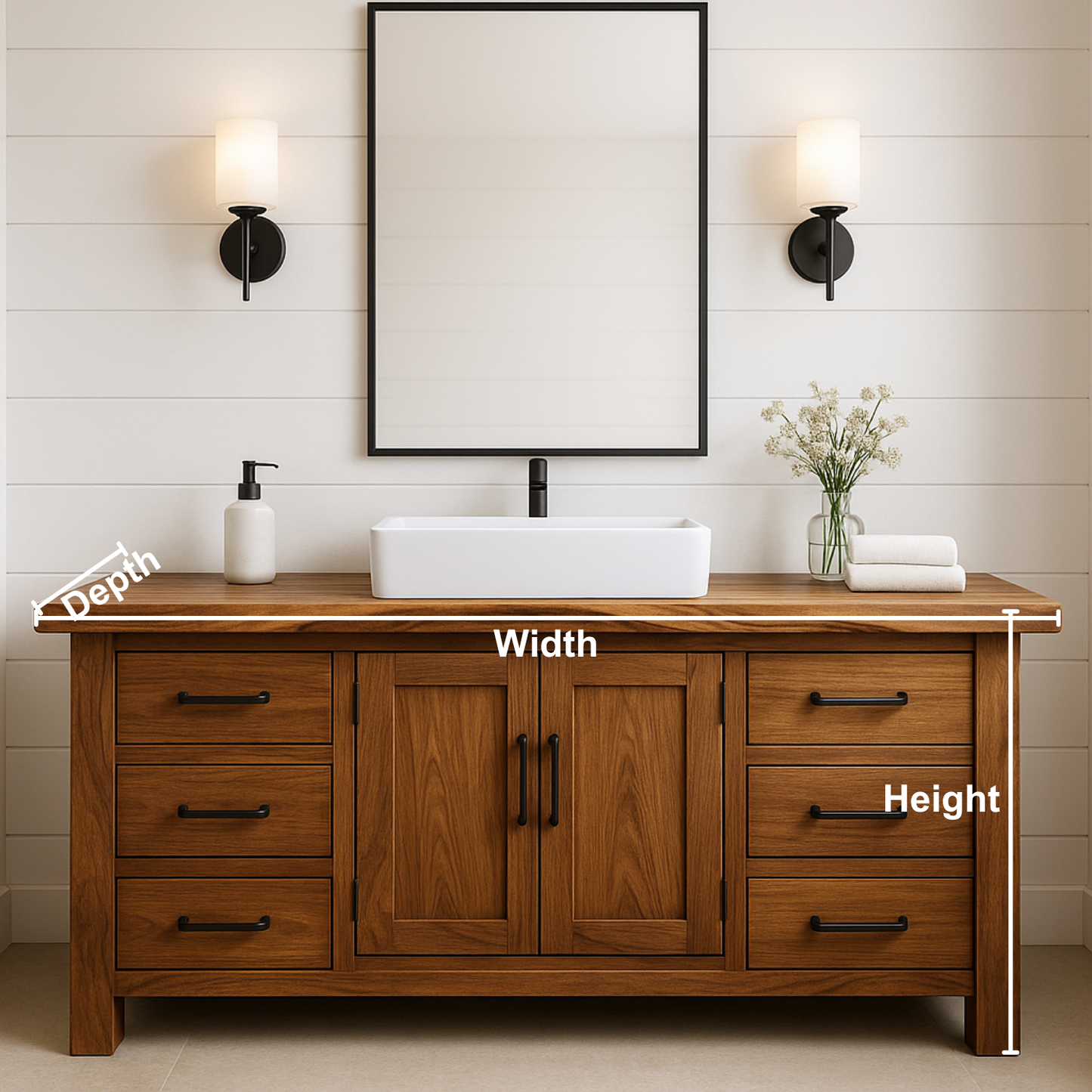 Handcrafted Solid Wood Bathroom Vanity – Rustic Base with Six Drawers and Center Cabinet Lynnsnail