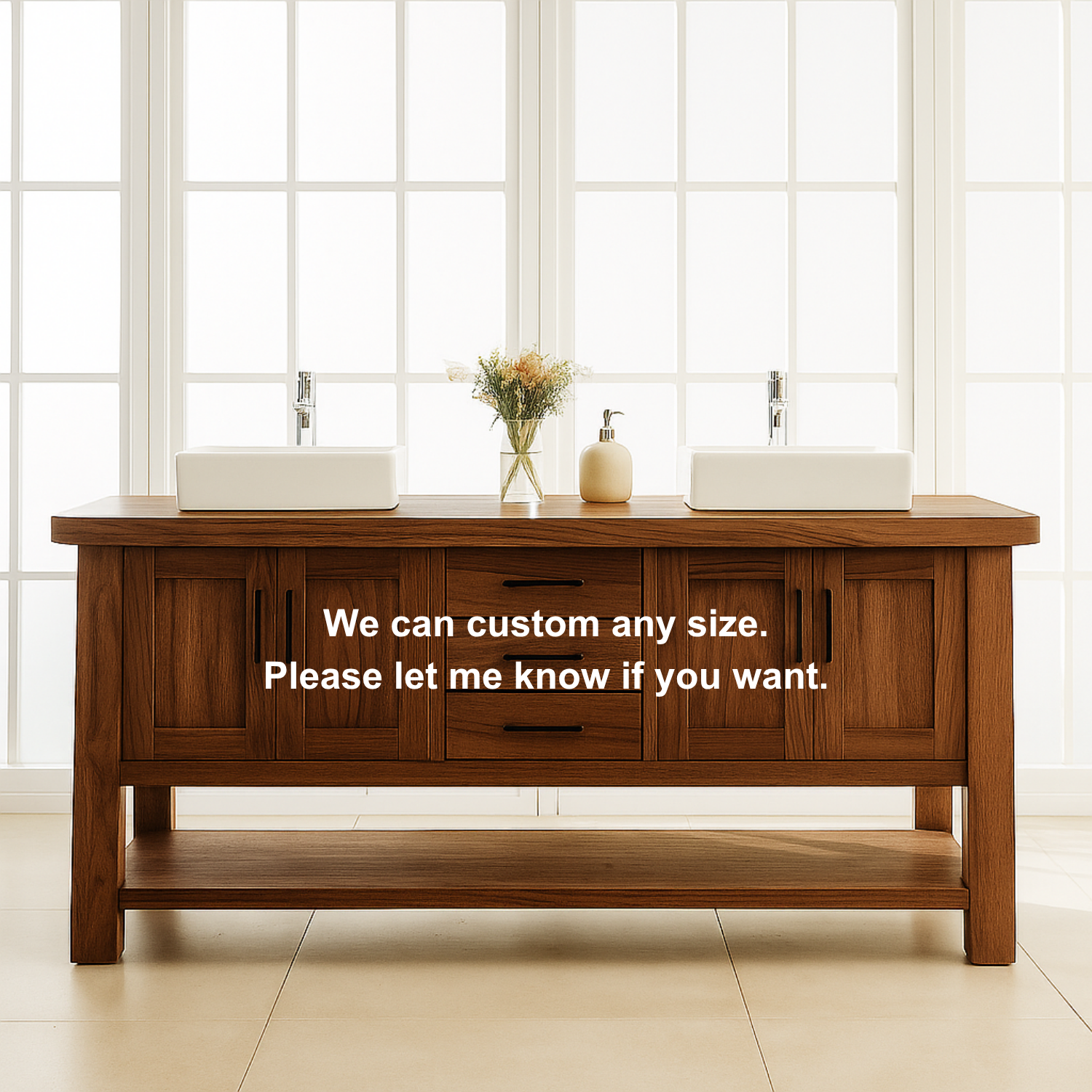 Handcrafted Solid Wood Double Bathroom Vanity – Modern Rustic Base with Center Drawers and Open Shelf Lynnsnail