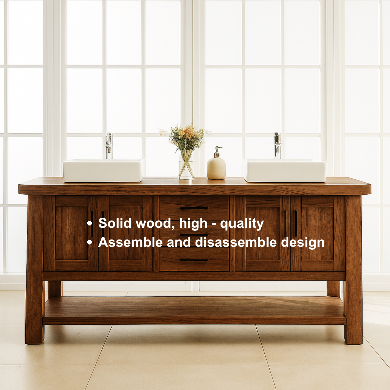 Handcrafted Solid Wood Double Bathroom Vanity – Modern Rustic Base with Center Drawers and Open Shelf Lynnsnail