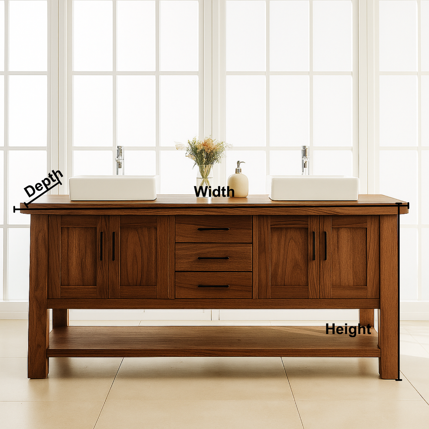 Handcrafted Solid Wood Double Bathroom Vanity – Modern Rustic Base with Center Drawers and Open Shelf Lynnsnail