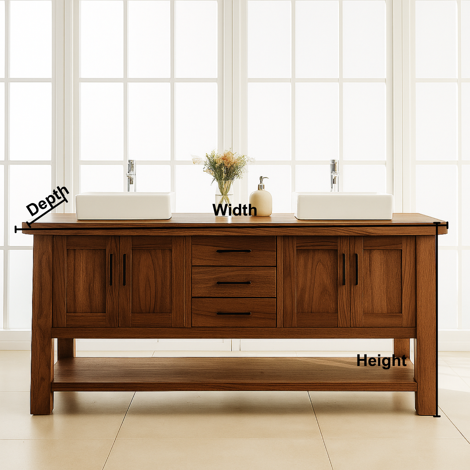 Handcrafted Solid Wood Double Bathroom Vanity – Modern Rustic Base with Center Drawers and Open Shelf Lynnsnail
