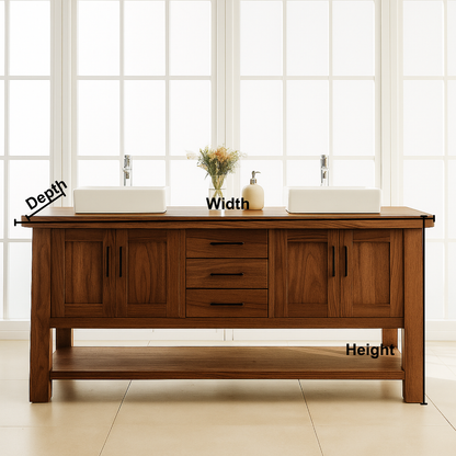 Handcrafted Solid Wood Double Bathroom Vanity – Modern Rustic Base with Center Drawers and Open Shelf Lynnsnail