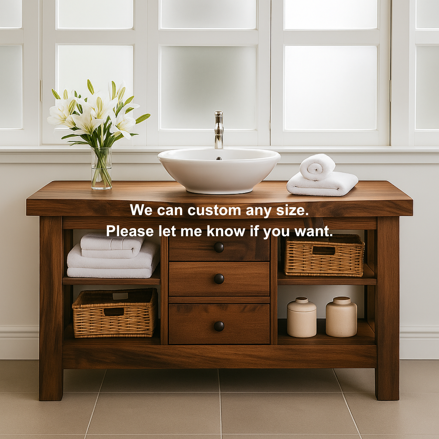 Handcrafted Solid Walnut Bathroom Vanity – Rustic Base with Open Shelves and Center Drawers Lynnsnail