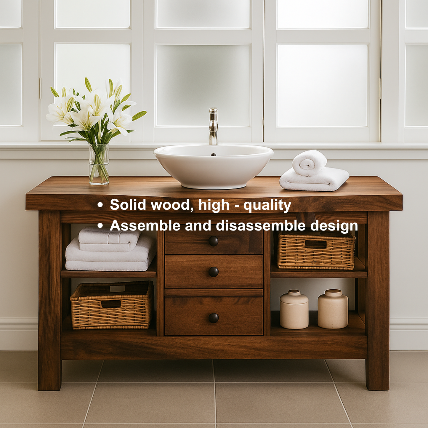 Handcrafted Solid Walnut Bathroom Vanity – Rustic Base with Open Shelves and Center Drawers Lynnsnail