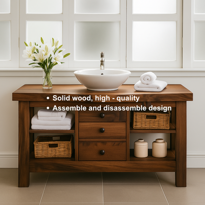 Handcrafted Solid Walnut Bathroom Vanity – Rustic Base with Open Shelves and Center Drawers Lynnsnail