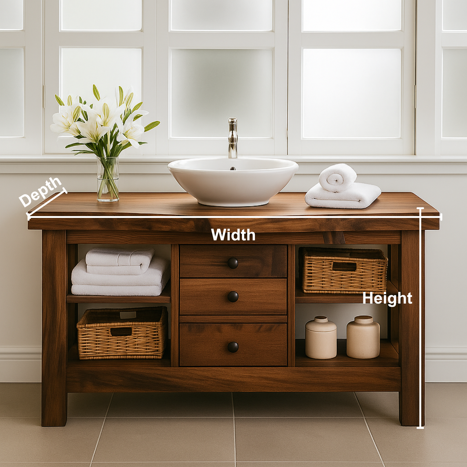 Handcrafted Solid Walnut Bathroom Vanity – Rustic Base with Open Shelves and Center Drawers Lynnsnail