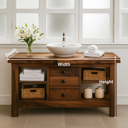 Handcrafted Solid Walnut Bathroom Vanity – Rustic Base with Open Shelves and Center Drawers Lynnsnail