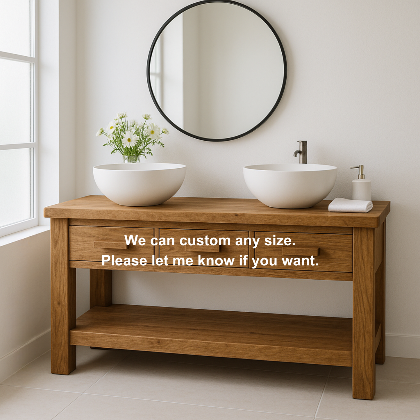 Handcrafted Solid Wood Double Bathroom Vanity – Minimal Rustic Base with 3 Drawers and Open Shelf Lynnsnail