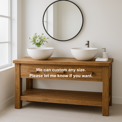 Handcrafted Solid Wood Double Bathroom Vanity – Minimal Rustic Base with 3 Drawers and Open Shelf Lynnsnail