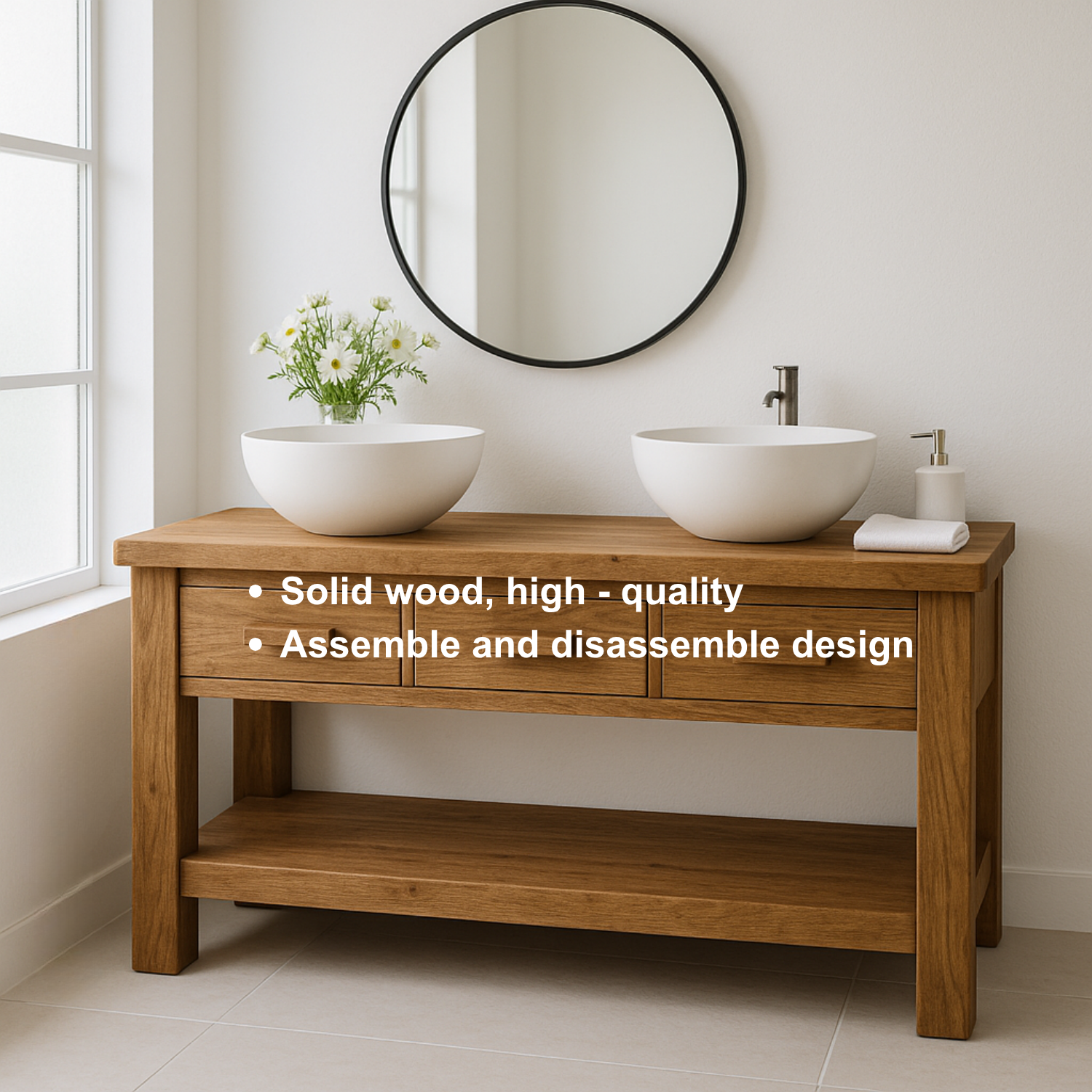 Handcrafted Solid Wood Double Bathroom Vanity – Minimal Rustic Base with 3 Drawers and Open Shelf Lynnsnail