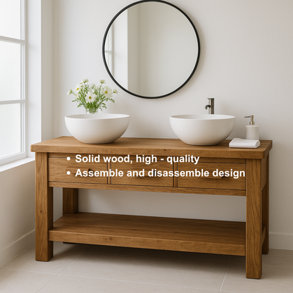 Handcrafted Solid Wood Double Bathroom Vanity – Minimal Rustic Base with 3 Drawers and Open Shelf Lynnsnail